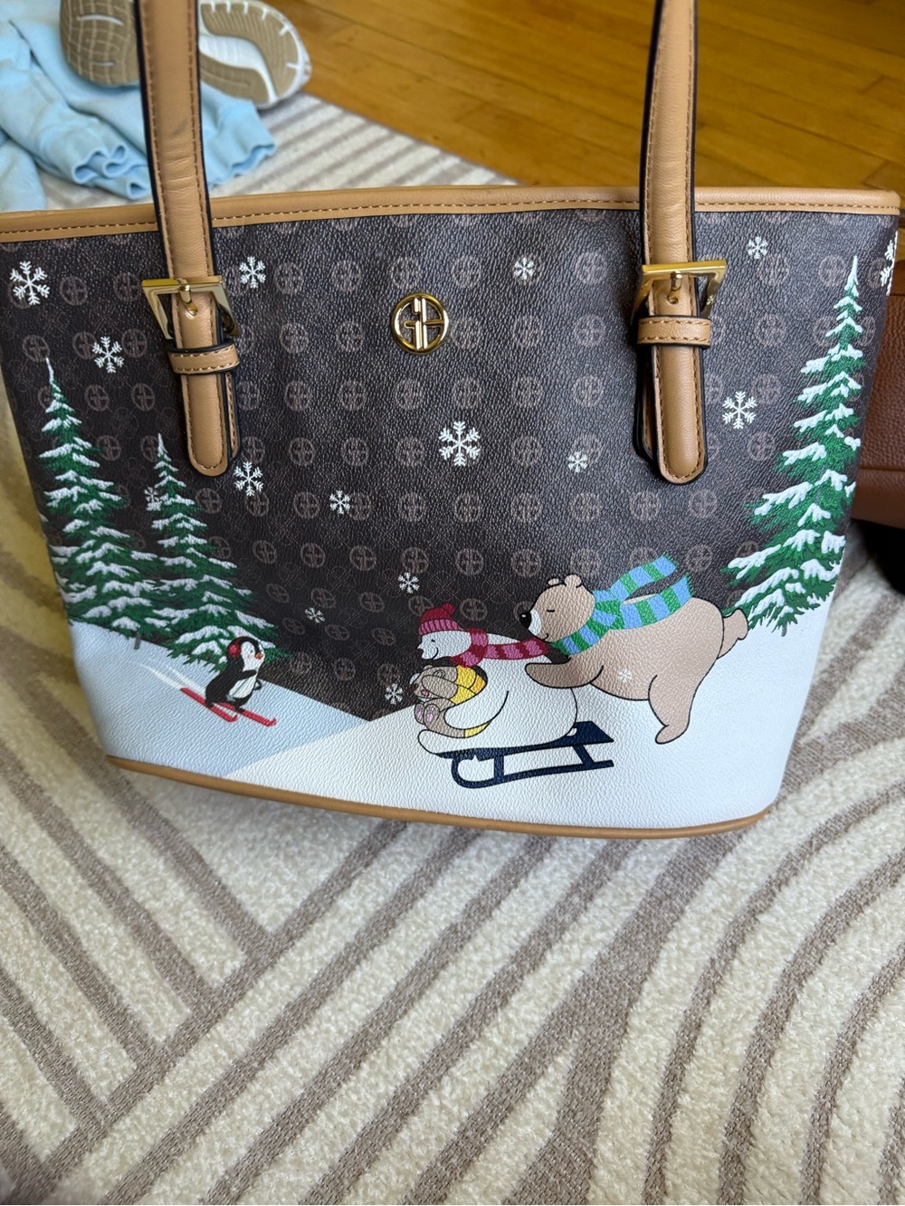 Brown Printed Tote Bag with Winter Character Scene